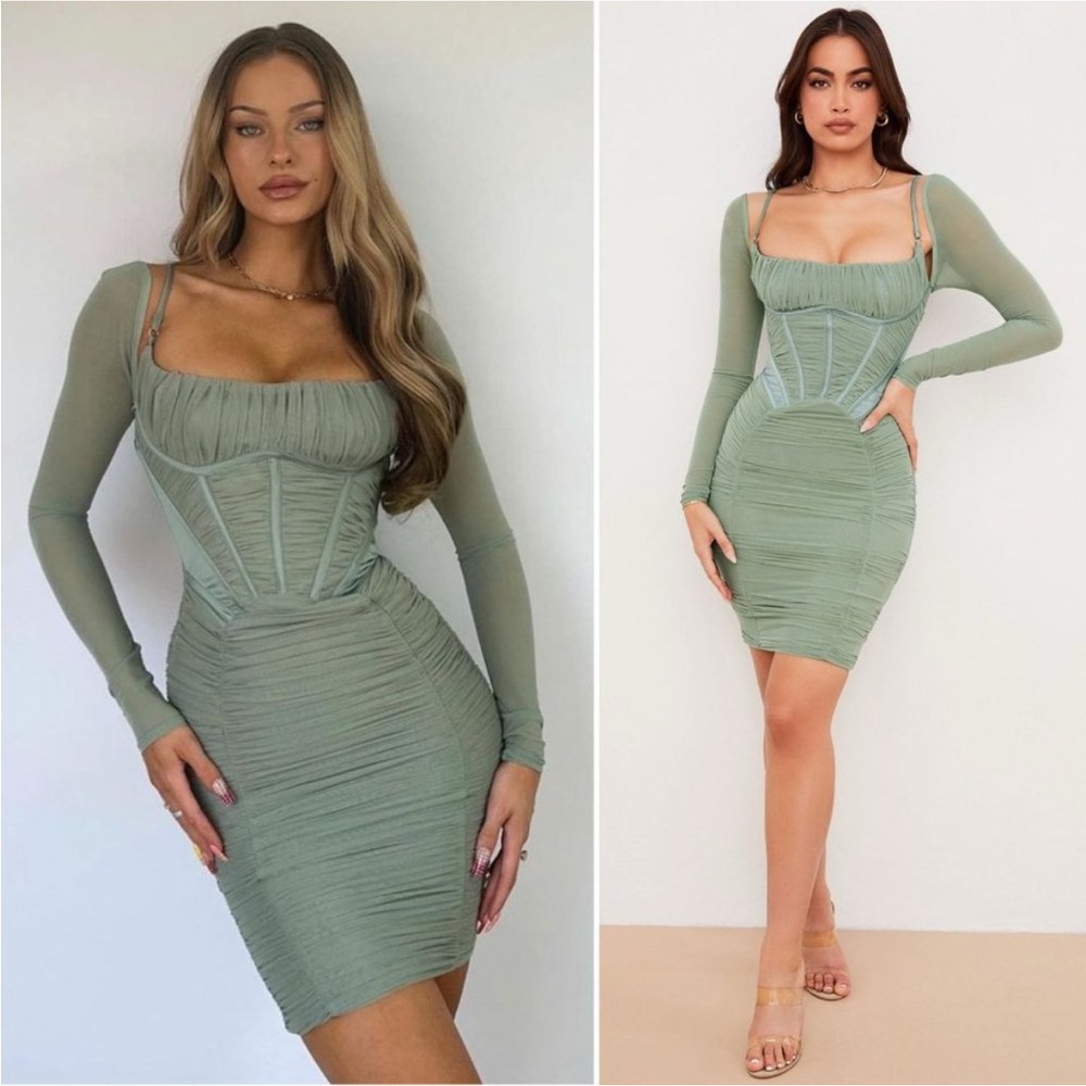 NWT House of CB Freyja Green Gathered Corset Dress